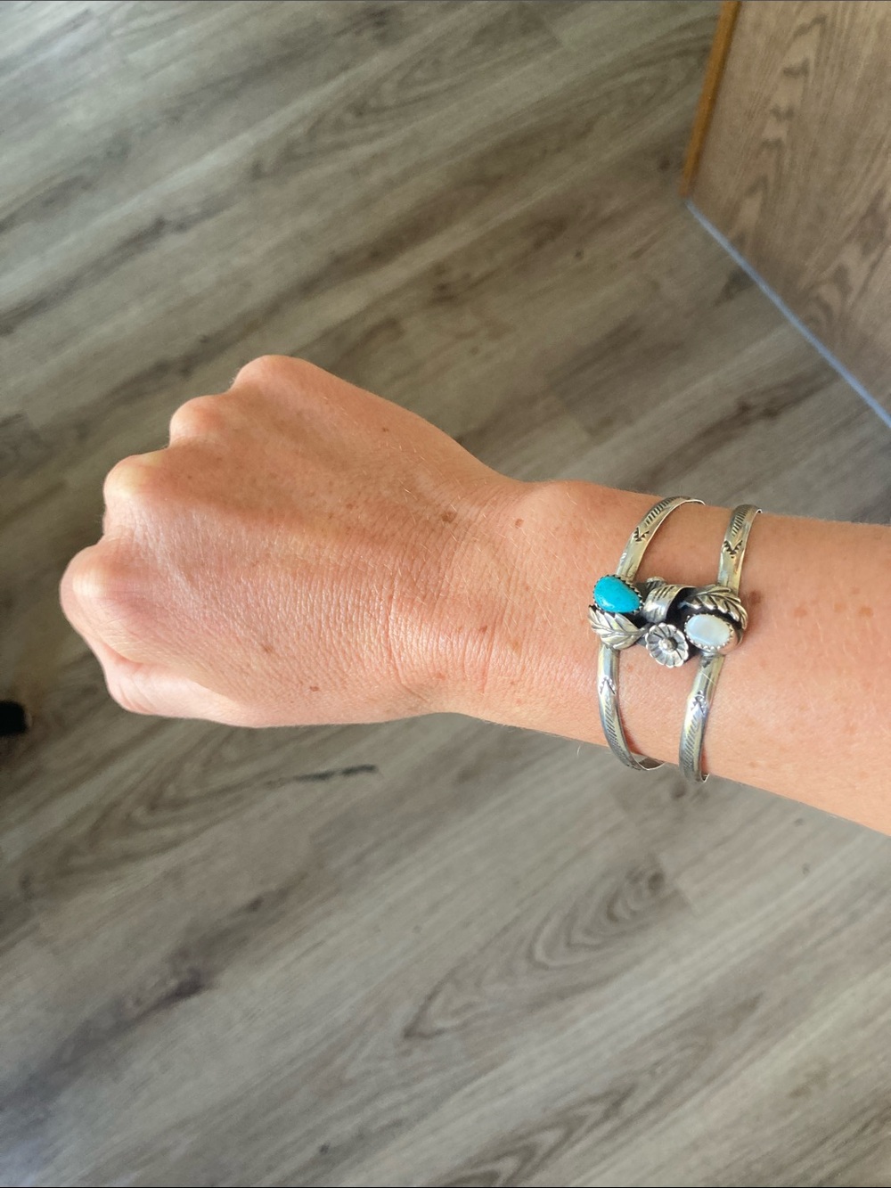 Turquoise & White Stone Sterling Silver Cuff Bracelet - Picture 6 of 6